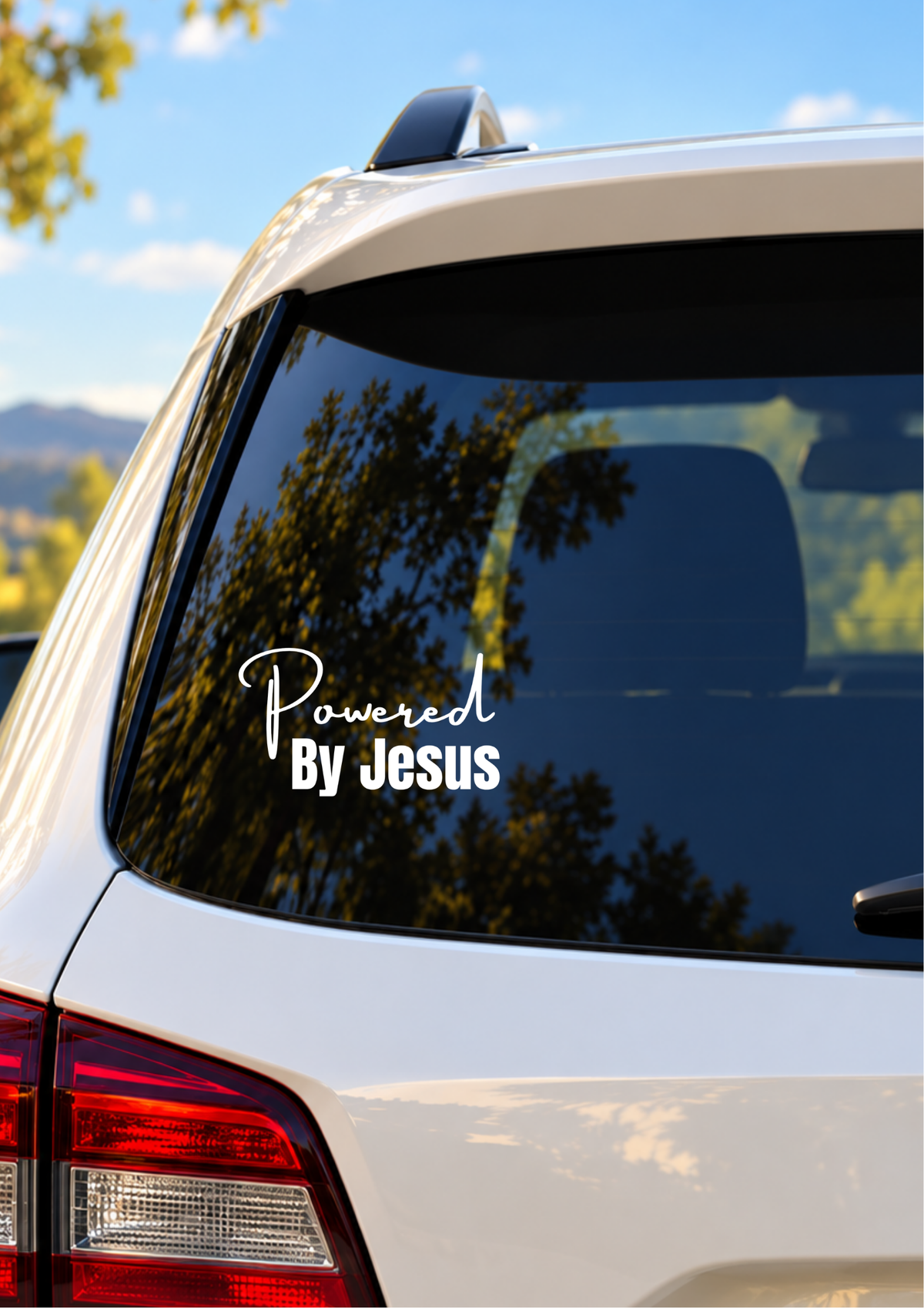 Powered By Jesus – White Car Decal | 15cm