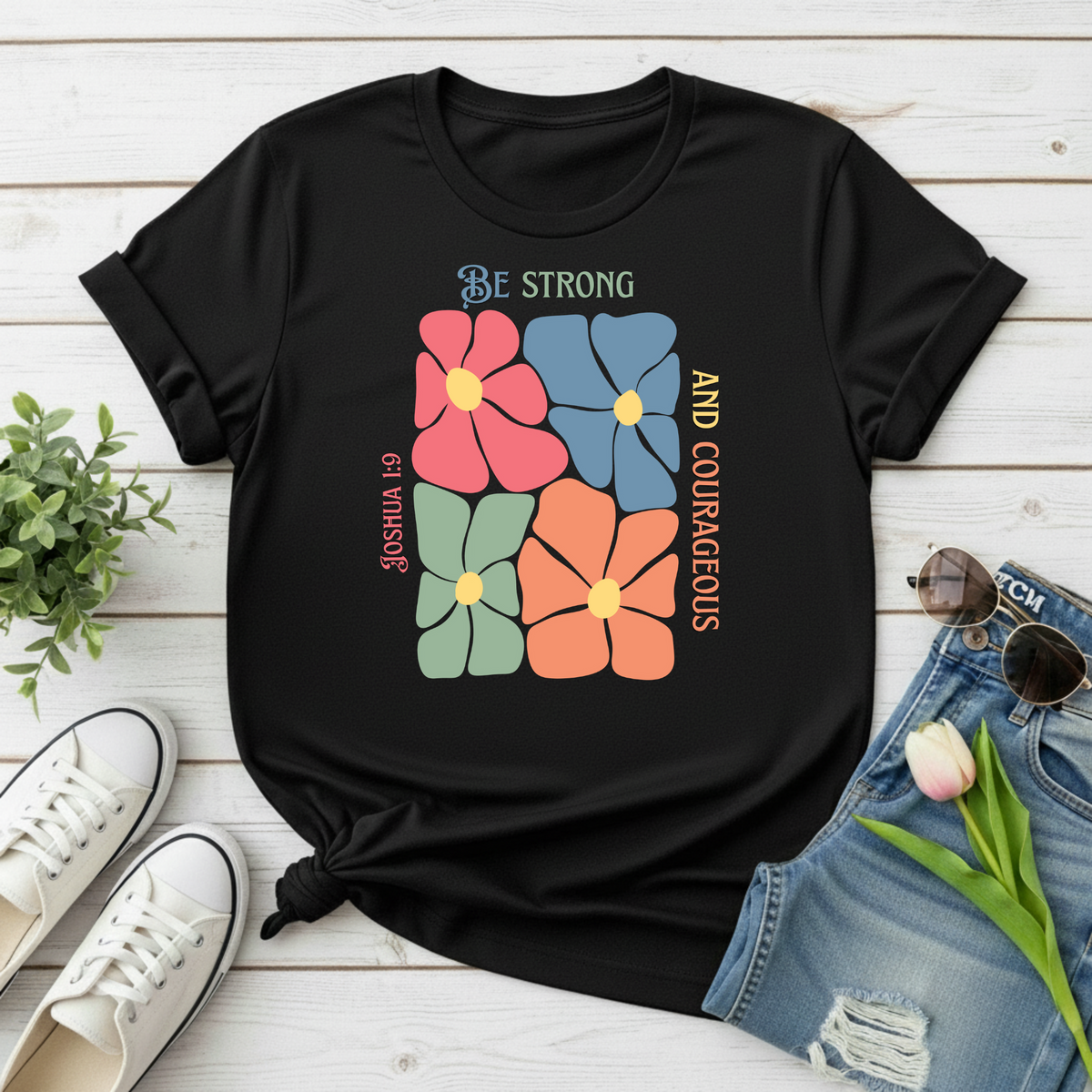Be Strong & Courageous Christian Oversized T-Shirt – Floral Faith Tee