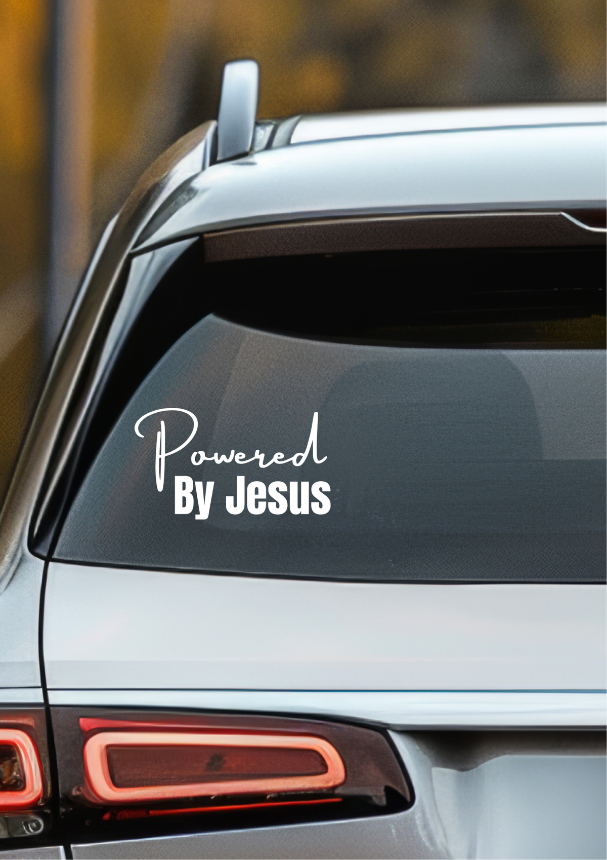 Powered By Jesus – White Car Decal | 15cm